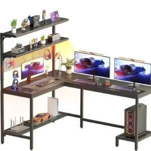 55" L Shaped Gaming Desk with Hutch Shelves and LED Lights - Reversible Corner Computer Desk