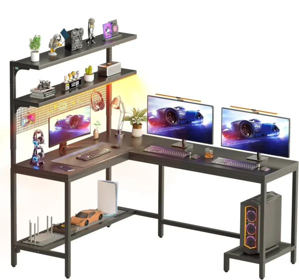 55" L Shaped Gaming Desk with Hutch Shelves and LED Lights - Reversible Corner Computer Desk