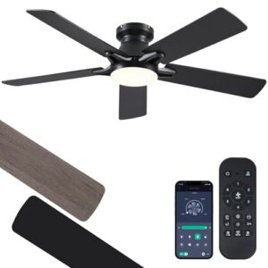 52 Inch Black Flush Mount Ceiling Fan with Lights and Remote Control