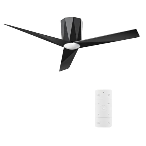 52-Inch Modern Black Flush Mount Ceiling Fan with LED Dimmable Lights and Remote Control
