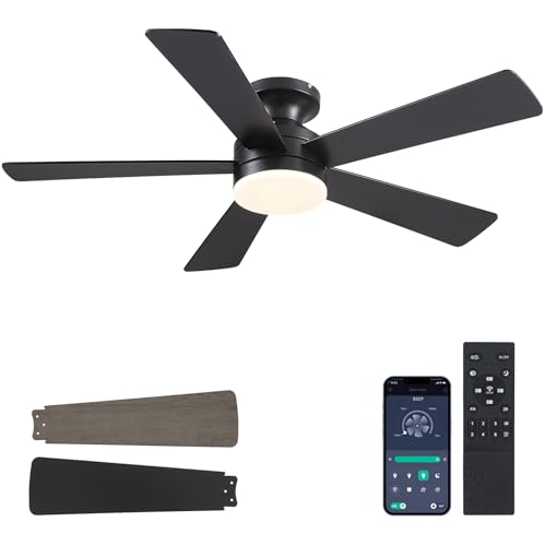 46" Black Low Profile Flush Mount Ceiling Fan with LED Lights and Remote Control