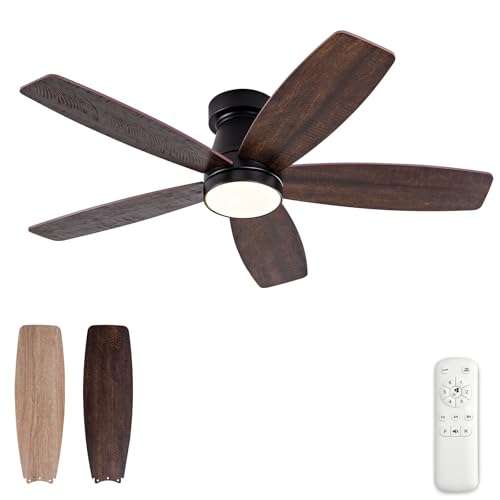 42-Inch Flush Mount Ceiling Fan with Lights and Remote Control - Modern Black and Walnut Design