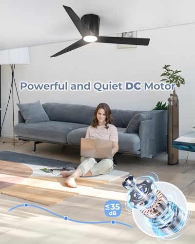 52-Inch Modern Black Flush Mount Ceiling Fan with LED Dimmable Lights and Remote Control - Image 4