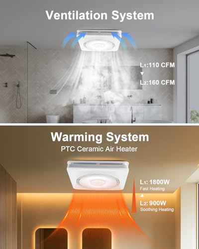 Bathroom Exhaust Fan with Light and Heater - 160 CFM Bluetooth Speaker - Image 2