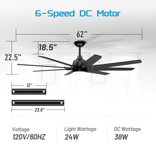 62-Inch Modern Ceiling Fan with LED Light and Remote Control - Matte Black - Image 6