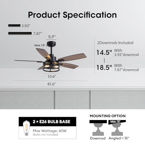 46-Inch Black Caged Ceiling Fan with Lights and Remote Control for Indoor and Outdoor Use - Image 2