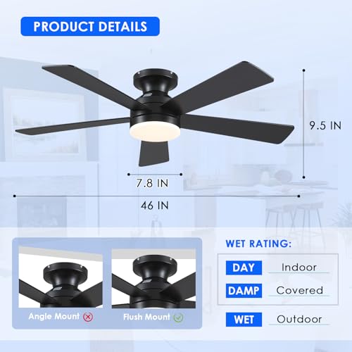 46" Black Low Profile Flush Mount Ceiling Fan with LED Lights and Remote Control - Image 6