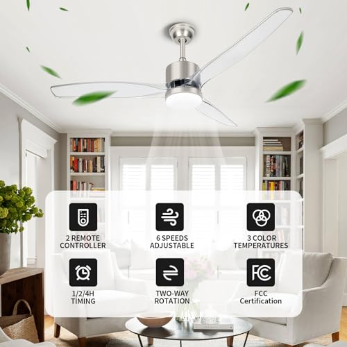 52 Inch Clear Ceiling Fan with Light - Modern Brushed Nickel Design - Image 6
