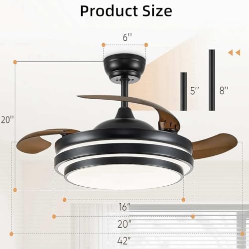 42 Inch Retractable Fandelier Ceiling Fan with LED Light - Black Modern Design - Image 5