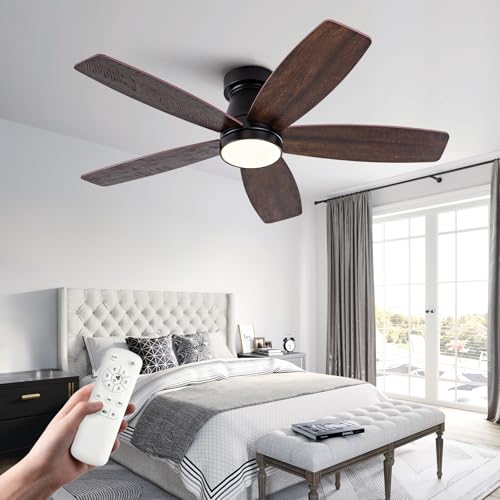 42-Inch Flush Mount Ceiling Fan with Lights and Remote Control - Modern Black and Walnut Design - Image 7