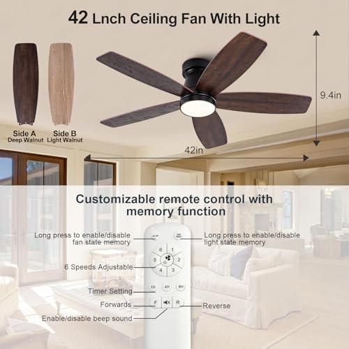 42-Inch Flush Mount Ceiling Fan with Lights and Remote Control - Modern Black and Walnut Design - Image 2