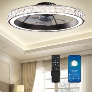 Low Profile Modern Crystal Chandelier Ceiling Fan with Remote Control
