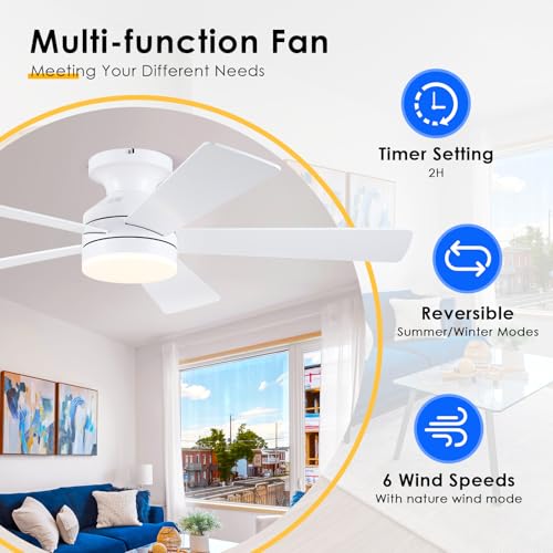 46" White Flush Mount Ceiling Fan with LED Light and Remote Control - Image 2