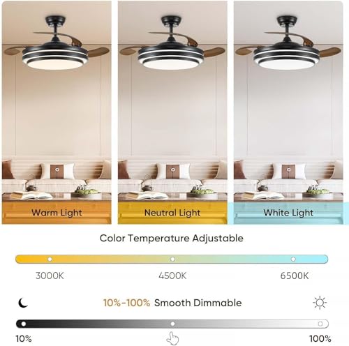 42 Inch Retractable Fandelier Ceiling Fan with LED Light - Black Modern Design - Image 3