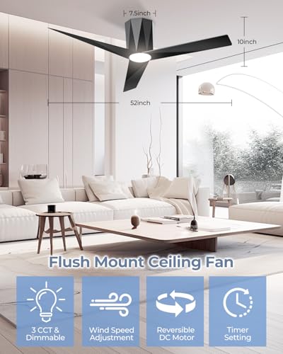 52-Inch Modern Black Flush Mount Ceiling Fan with LED Dimmable Lights and Remote Control - Image 2