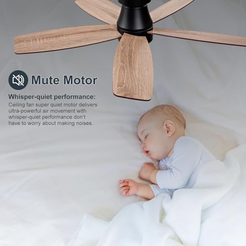 42-Inch Flush Mount Ceiling Fan with Lights and Remote Control - Modern Black and Walnut Design - Image 5