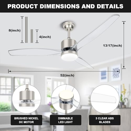 52 Inch Clear Ceiling Fan with Light - Modern Brushed Nickel Design - Image 5