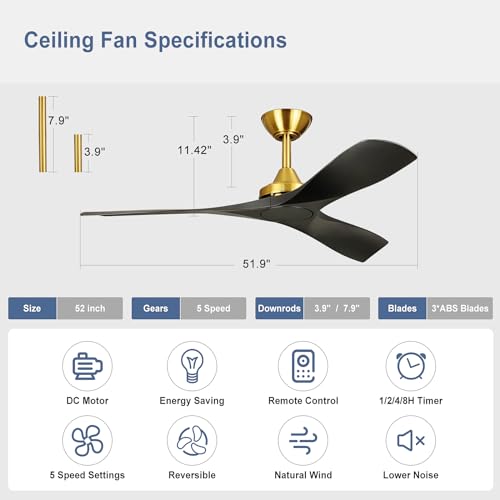 52 Inch Modern Ceiling Fan with Remote Control in Black and Gold - No Light Design - Image 5