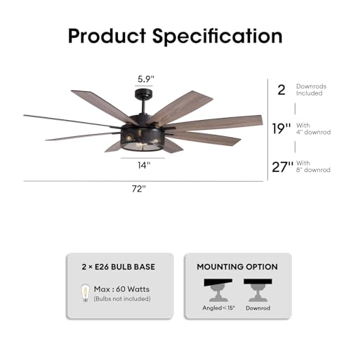 72-Inch Large Ceiling Fan with Remote - Modern Black Design for Living Rooms and Patios - Image 2