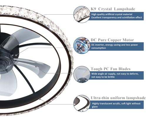 Low Profile Modern Crystal Chandelier Ceiling Fan with Remote Control - Image 2
