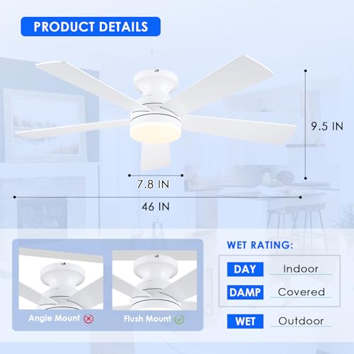 46" White Flush Mount Ceiling Fan with LED Light and Remote Control - Image 6
