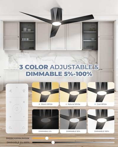 52-Inch Modern Black Flush Mount Ceiling Fan with LED Dimmable Lights and Remote Control - Image 3