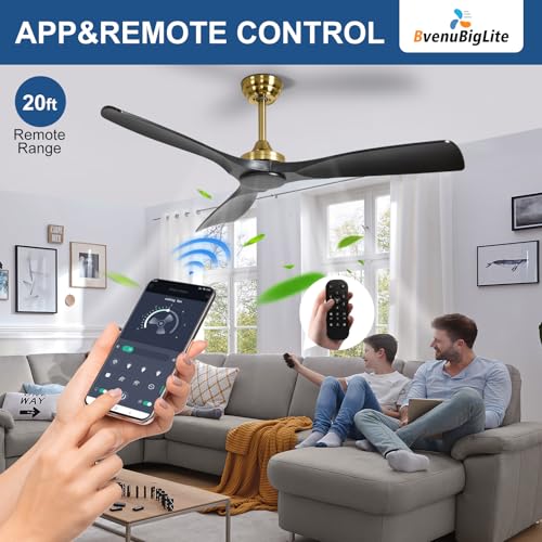 Modern Black and Gold 52 Inch Ceiling Fan with Remote Control - No Light - Image 4