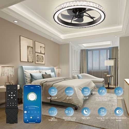 Low Profile Modern Crystal Chandelier Ceiling Fan with Remote Control - Image 3