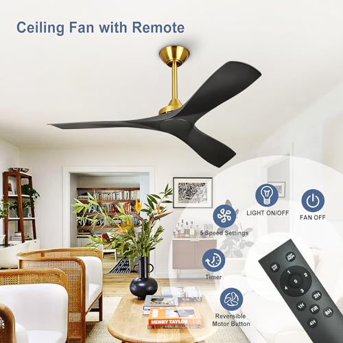52 Inch Modern Ceiling Fan with Remote Control in Black and Gold - No Light Design - Image 6