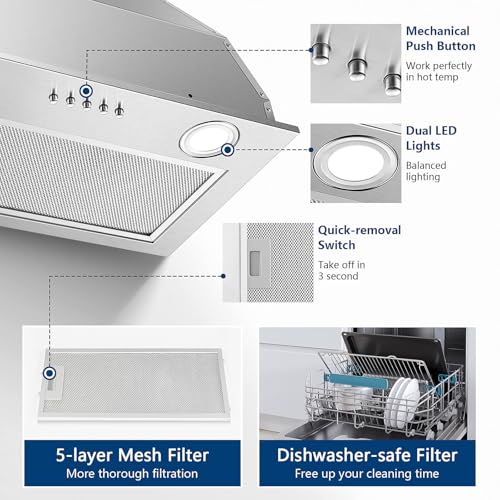 20 Inch Stainless Steel Kitchen Range Hood Insert - Ducted/Ductless Convertible Exhaust Fan - Image 2