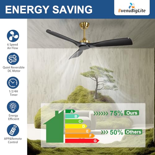 Modern Black and Gold 52 Inch Ceiling Fan with Remote Control - No Light - Image 3