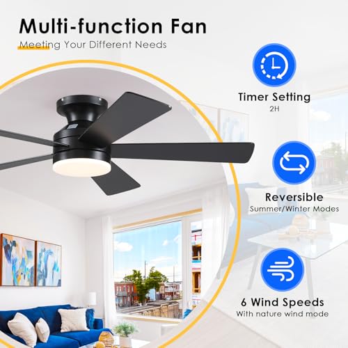 46" Black Low Profile Flush Mount Ceiling Fan with LED Lights and Remote Control - Image 2