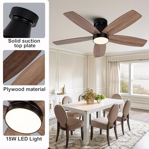 42-Inch Flush Mount Ceiling Fan with Lights and Remote Control - Modern Black and Walnut Design - Image 3