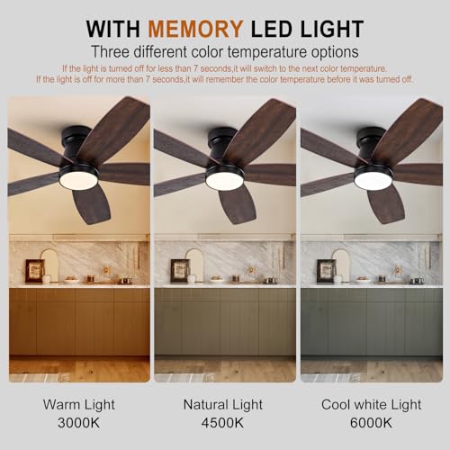 42-Inch Flush Mount Ceiling Fan with Lights and Remote Control - Modern Black and Walnut Design - Image 6